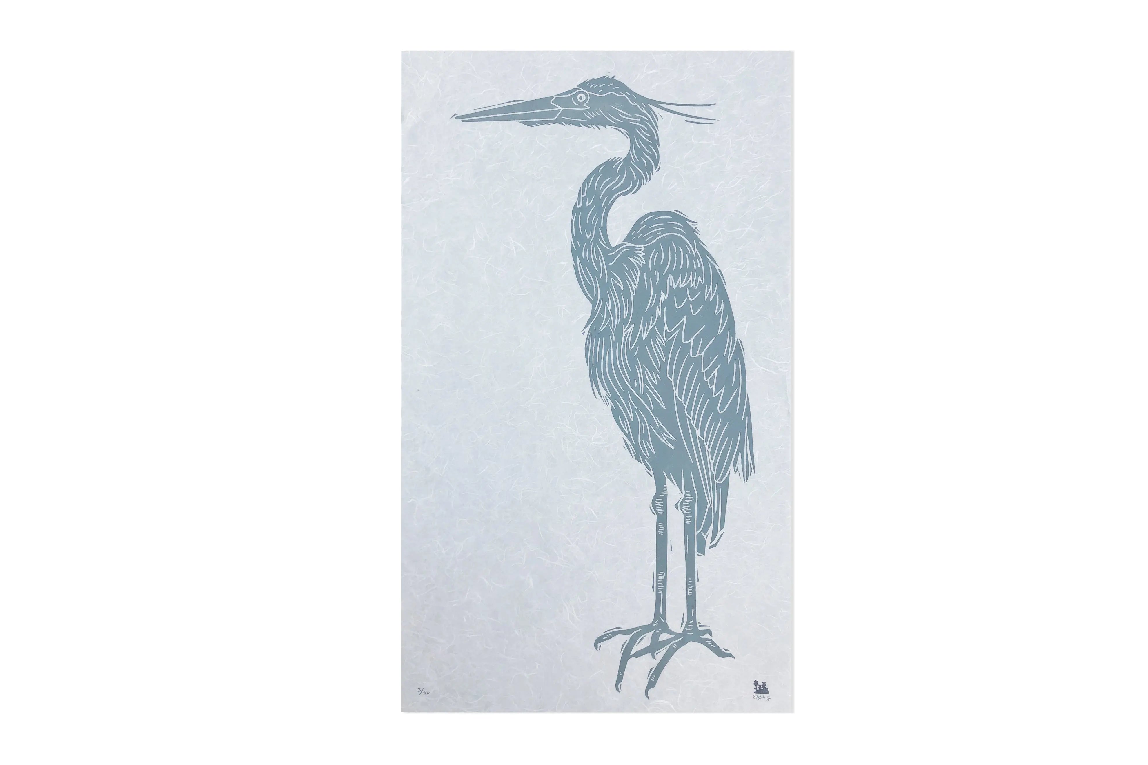 Great Blue Heron Linoleum Block Print